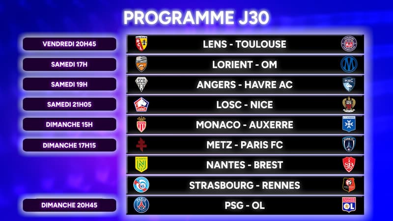 Ligue 1 : Le programme de la J30 avec le choc PSG-OL